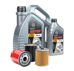 Bottles of motor oil and motor oil filters.