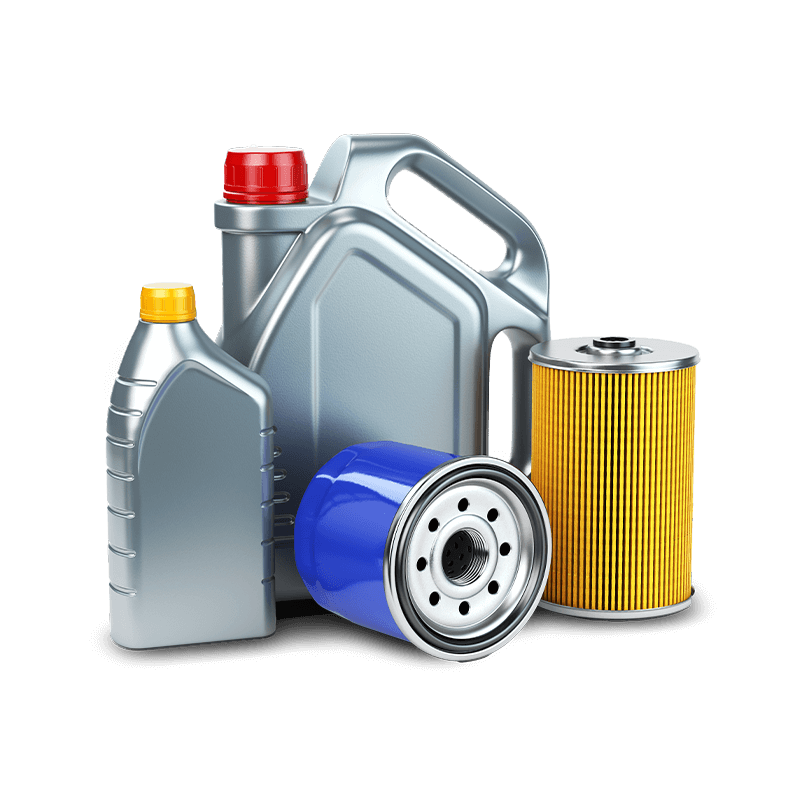 Bottles of motor oil and motor oil filters.